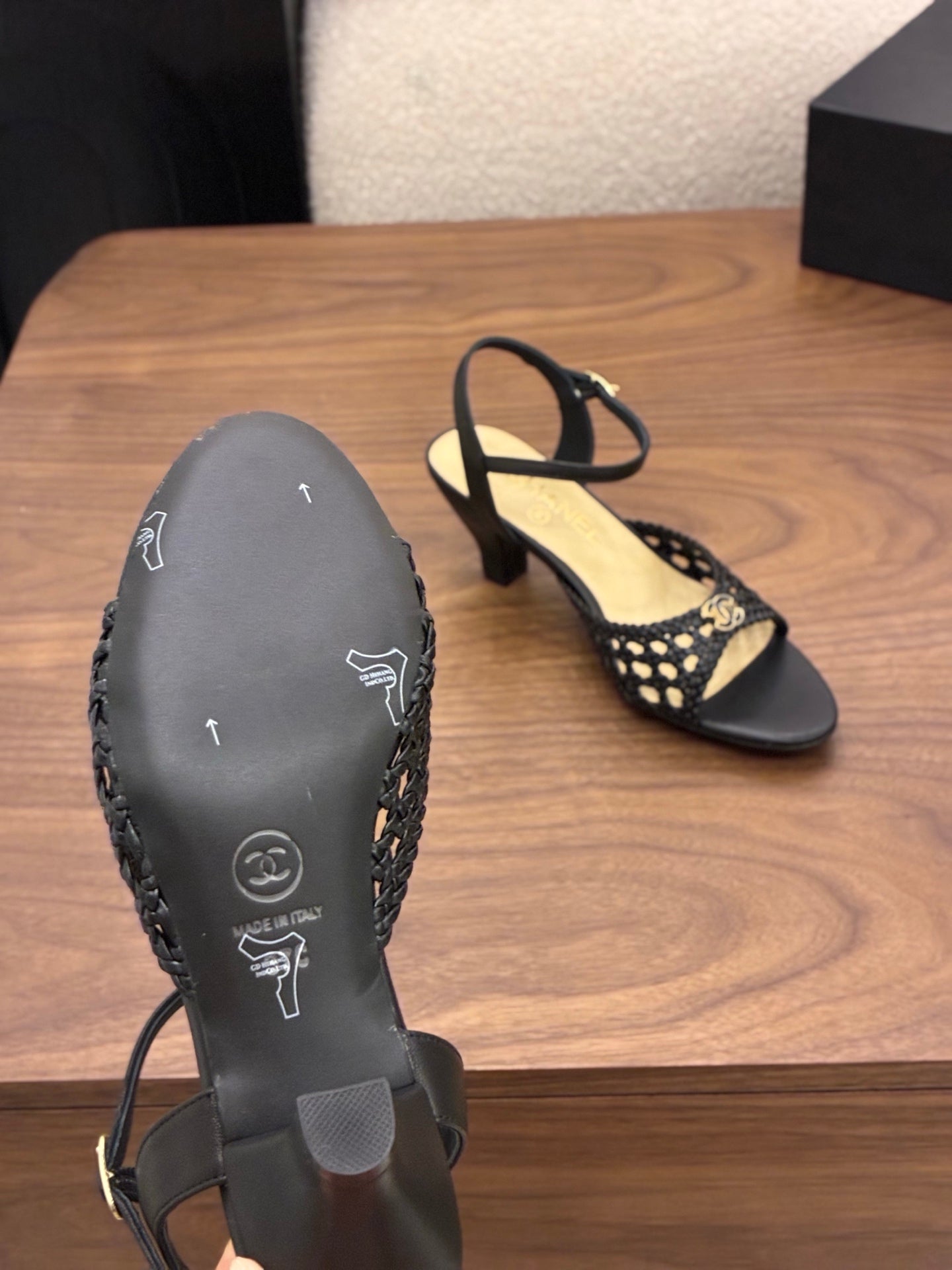 CHANEL 26S HIGH-HEELED BACK-STRAP SANDALS 60 MM IN BLACK WOVEN LAMBSKIN