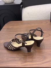 CHANEL 26S HIGH-HEELED BACK-STRAP SANDALS 60 MM IN DARK BROWN WOVEN LAMBSKIN