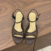 CHANEL 26S HIGH-HEELED BACK-STRAP SANDALS 60 MM IN DARK BROWN WOVEN LAMBSKIN
