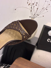 CHANEL 26S HIGH HEELS SANDALS 60 MM IN DARK BROWN WOVEN LAMBSKIN