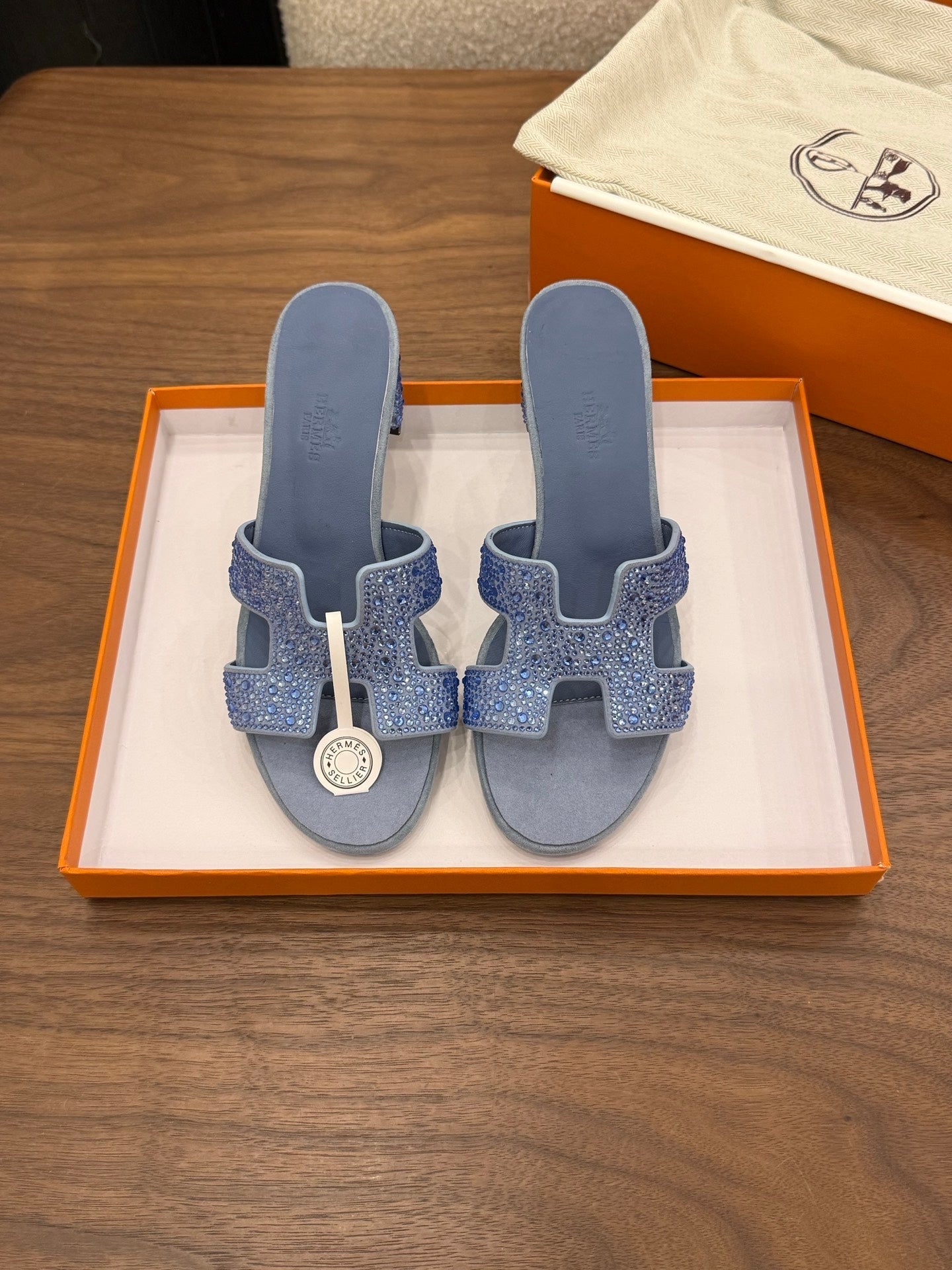 HM 26S OASIS SANDAL IN DUSTY BLUE SUEDE WITH CRYSTALS