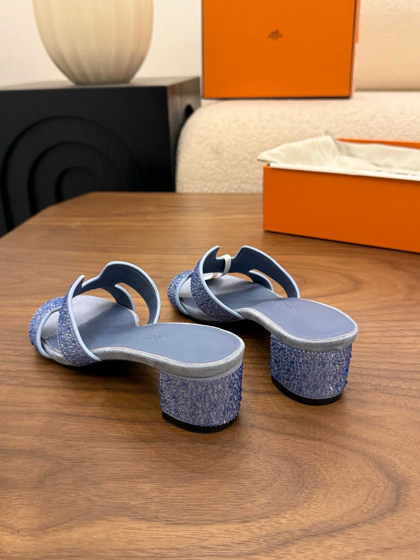 HM 26S OASIS SANDAL IN DUSTY BLUE SUEDE WITH CRYSTALS