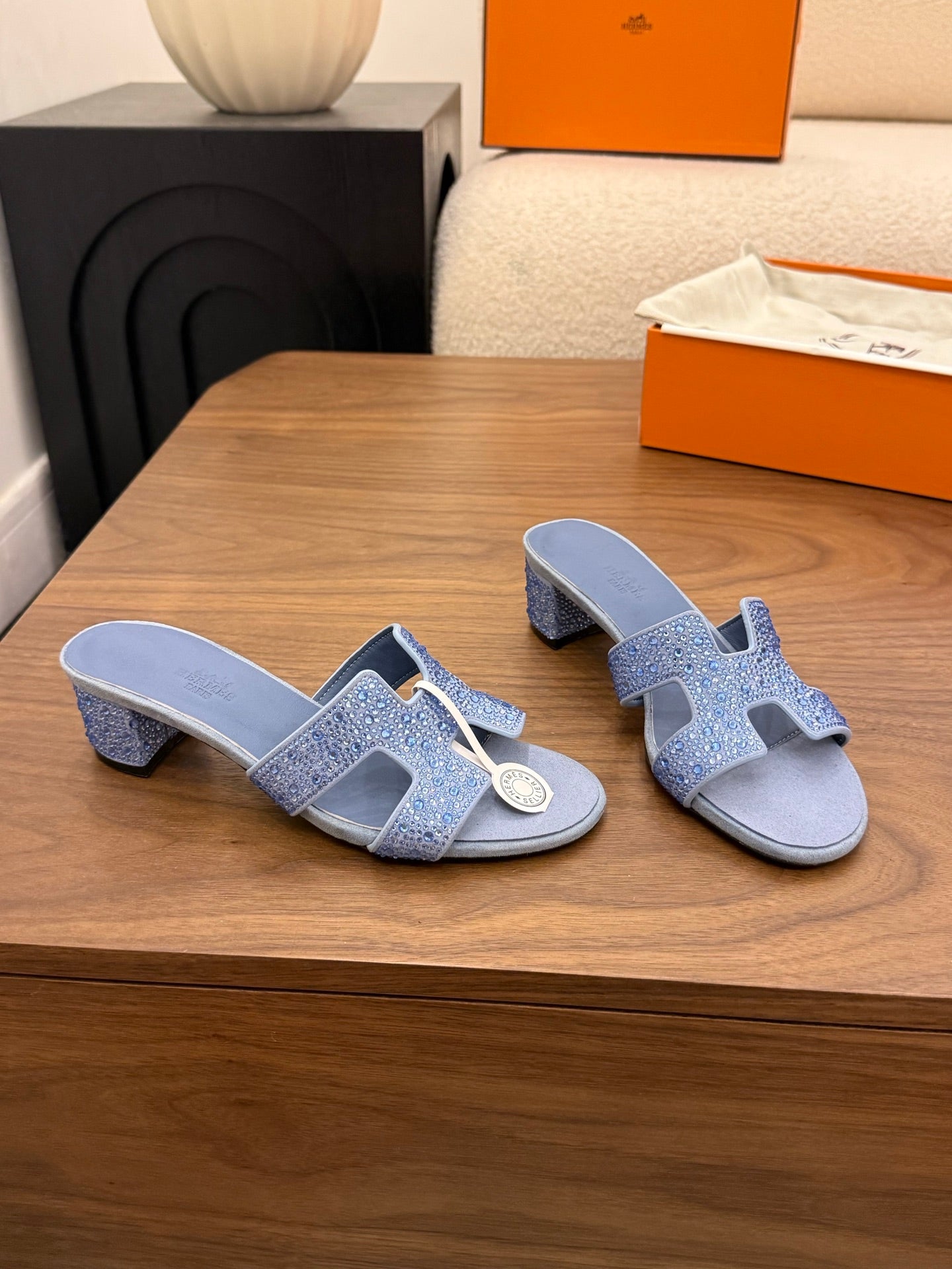 HM 26S OASIS SANDAL IN DUSTY BLUE SUEDE WITH CRYSTALS