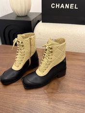 CHANEL 26S LACE UP HIGH TOP BOOTS 45 MM IN BLACK AND BEIGE CALFSKIN