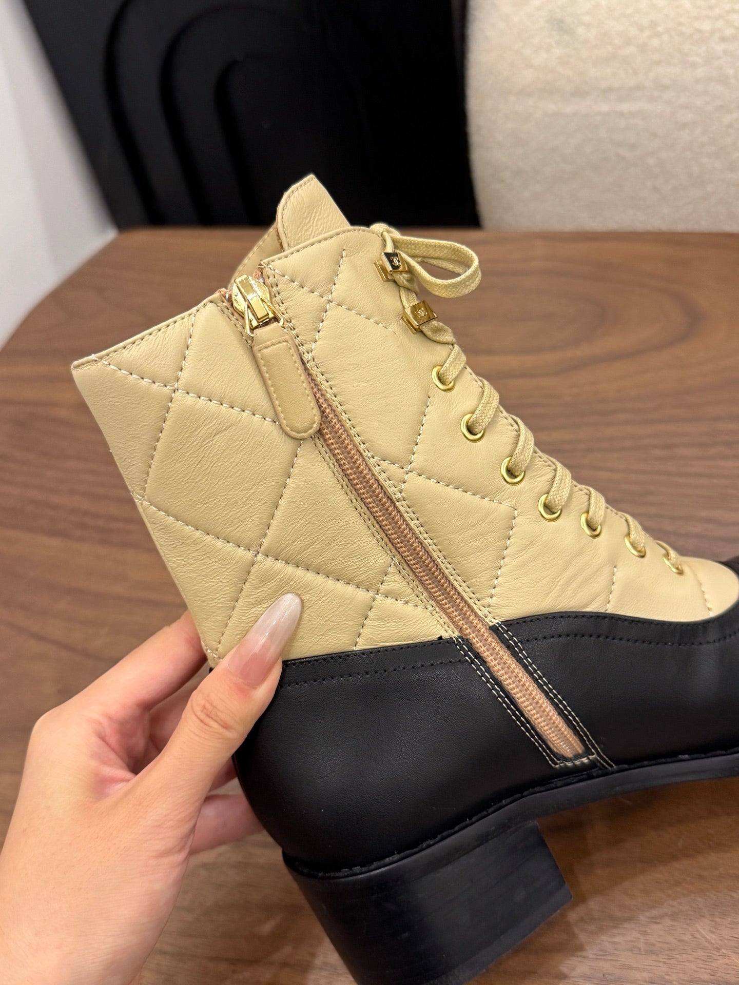 CHANEL 26S LACE UP HIGH TOP BOOTS 45 MM IN BLACK AND BEIGE CALFSKIN