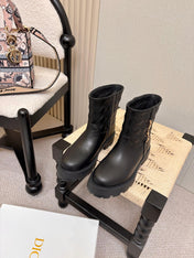 DIOR 26S QUILTED LUG SOLE SHORT MID-CALF BOOTS IN BLACK CALFSKIN GOLD HARDWARE