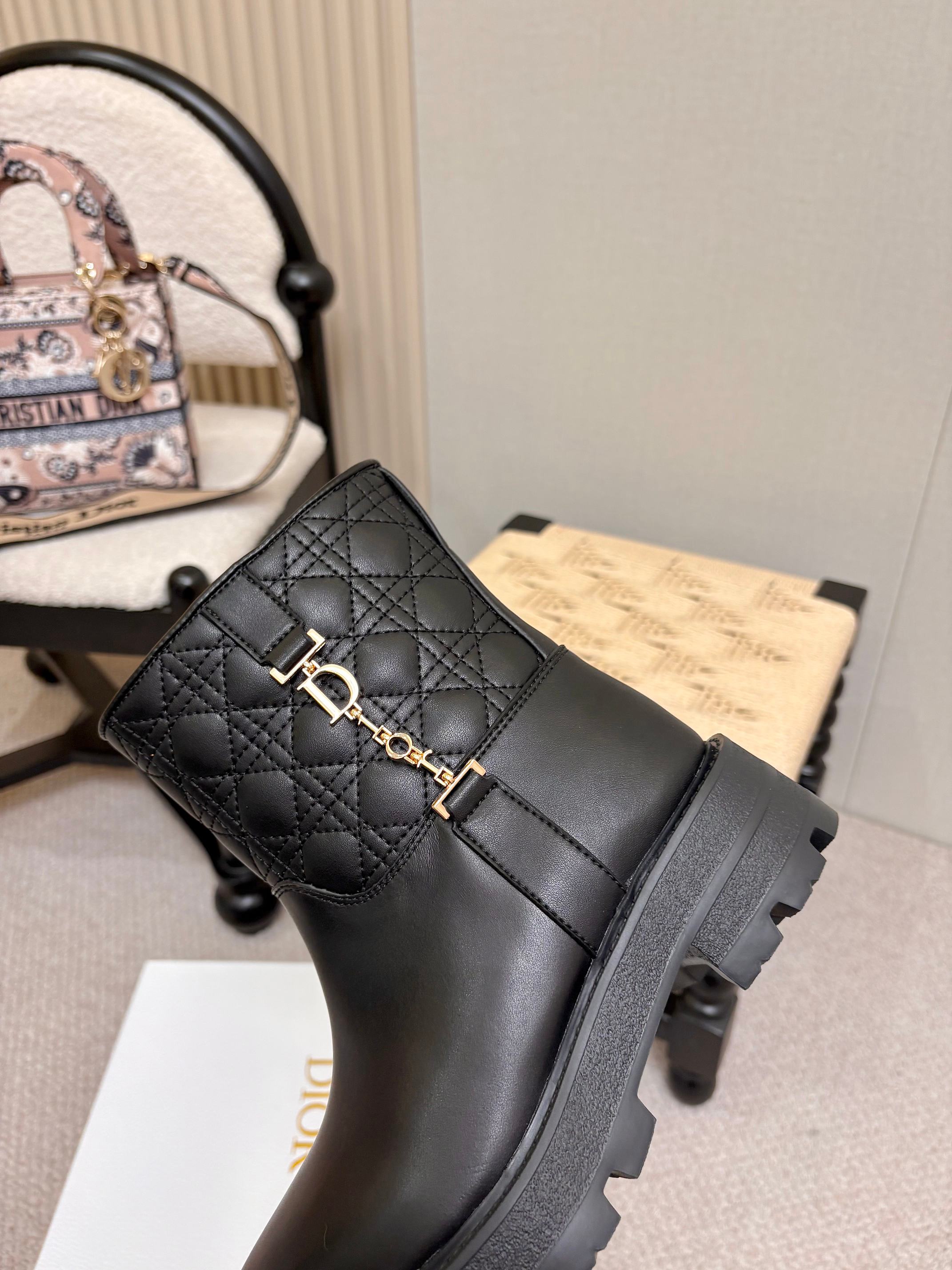 DIOR 26S QUILTED LUG SOLE SHORT MID-CALF BOOTS IN BLACK CALFSKIN GOLD HARDWARE