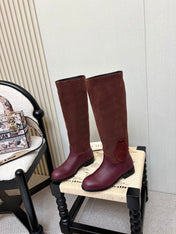 DIOR 26S FLAT OVER-THE-KNEE BOOTS IN BURGUNDY RED SUEDE AND CALFSKIN