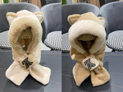 PLUSH EARMUFFS HAT IN BEIGE WOOL AND FOX FUR 403462