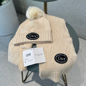 SET KNITTED SCARF AND HAT IN BEIGE WOOL AND FOX FUR 434632
