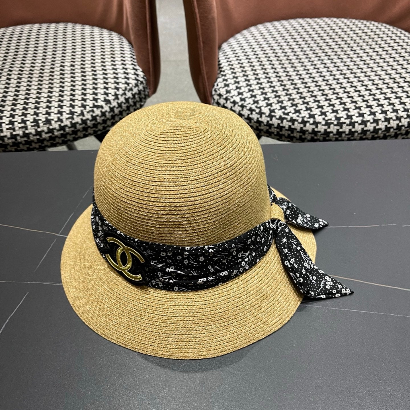 CHANEL 26S FLORAL RIBBON STRAW CLOCHE HAT 335746