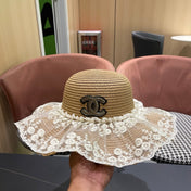 CHANEL 26S LACE-OVERLAY WIDE-BRIM STRAW HAT 335730