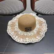 CHANEL 26S LACE-OVERLAY WIDE-BRIM STRAW HAT 335730