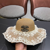 CHANEL 26S LACE-OVERLAY WIDE-BRIM STRAW HAT 335730