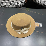 CHANEL 26S PEARL & ROSETTE STRAW BOATER HAT 337932