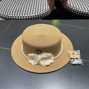 CHANEL 26S PEARL & ROSETTE STRAW BOATER HAT 337932