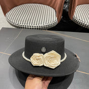 CHANEL 26S PEARL & ROSETTE STRAW BOATER HAT 337934