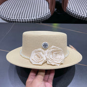 CHANEL 26S PEARL & ROSETTE STRAW BOATER HAT 337933