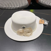 CHANEL 26S PEARL & ROSETTE STRAW BOATER HAT 337935