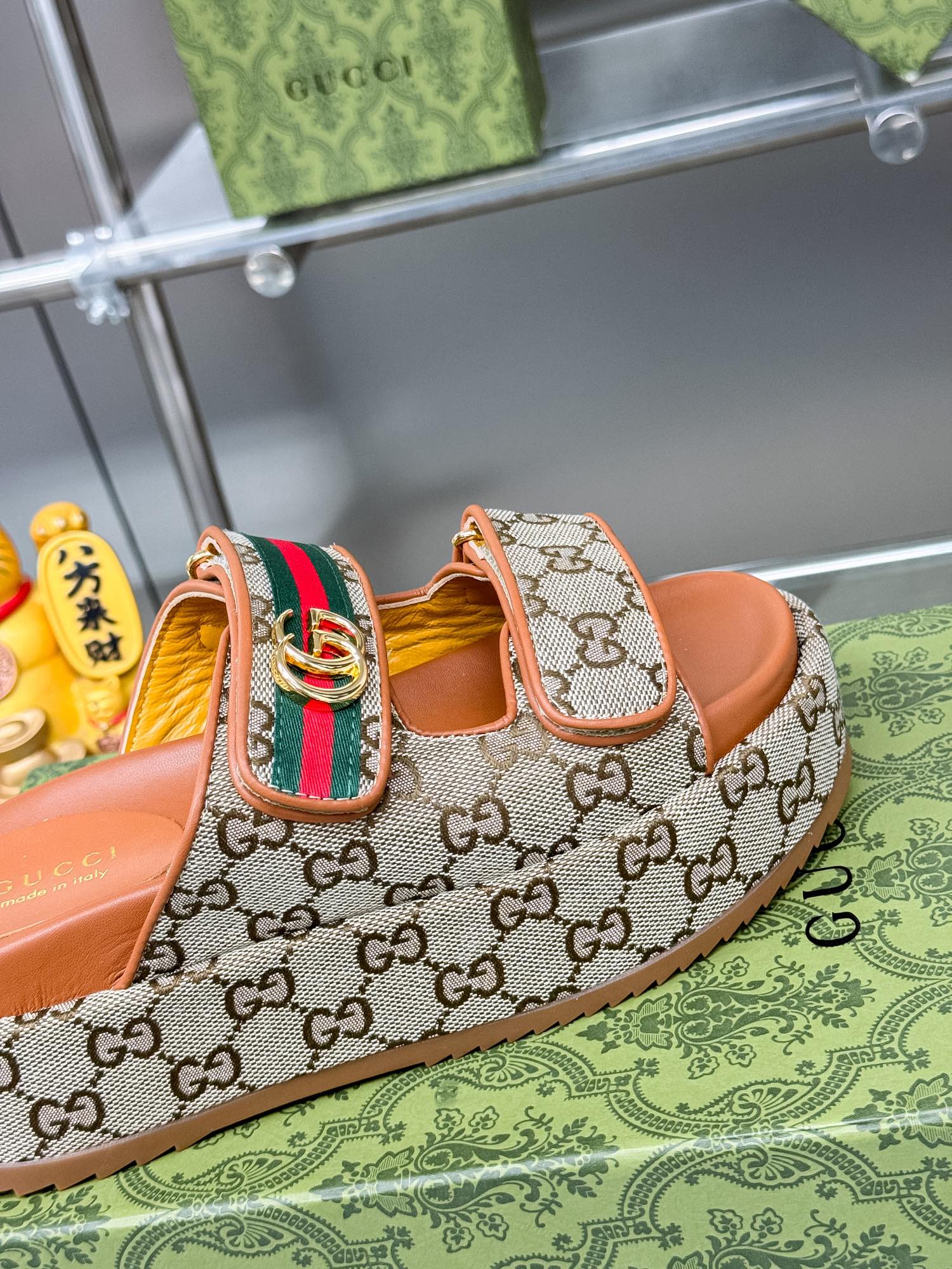 GG SANDALS 22 IN ORANGE CALFSKIN AND BEIGE FABRIC WITH GOLD HARDWARE