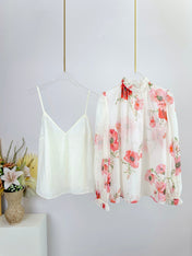 LONG-SLEEVE FLORAL PRINT CHIFFON TOP