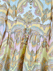 HIGH-NECK LONG-SLEEVE PRINTED DRESS IN PURPLE AND YELLOW