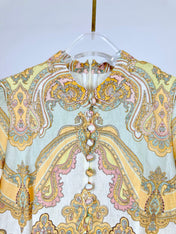 HIGH-NECK LONG-SLEEVE PRINTED DRESS IN PURPLE AND YELLOW