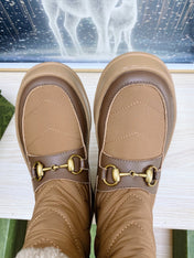 HORSEBIT ANKLE BOOTS WITH MERINO TRIM IN BROWN NYLON MIX CALFSKIN
