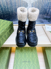 HORSEBIT ANKLE BOOTS WITH MERINO TRIM IN BLACK EMBOSSED CALFSKIN