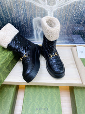 HORSEBIT ANKLE BOOTS WITH MERINO TRIM IN BLACK EMBOSSED CALFSKIN