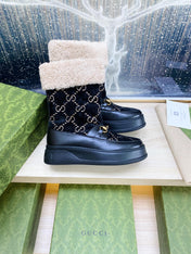 HORSEBIT ANKLE BOOTS WITH MERINO TRIM IN BLACK VELVET AND CALFSKIN