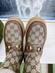 HORSEBIT ANKLE BOOTS WITH MERINO TRIM IN BEIGE JACQUARD FABRIC MIX BROWN CALFSKIN