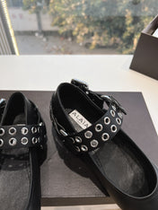 ALAIA 26S FLATS IN BLACK CALFSKIN WITH SILVER STUD STRAP