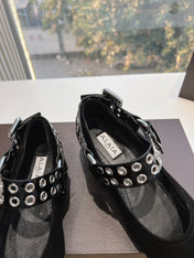 ALAIA 26S FLATS IN BLACK SUEDE WITH SILVER STUD STRAP