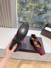 ALAIA 26S FLATS IN DARK RED SUEDE WITH SILVER STUD STRAP