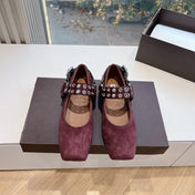 ALAIA 26S FLATS IN DARK RED SUEDE WITH SILVER STUD STRAP