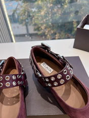 ALAIA 26S FLATS IN DARK RED SUEDE WITH SILVER STUD STRAP