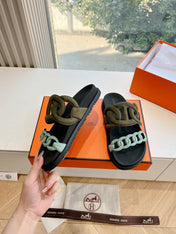 EXTRA SANDAL IN ARMY GREEN MIX ELECTRIC BLUE CALFSKIN