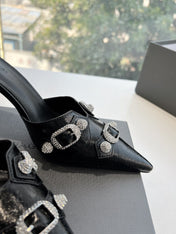 CRYSTAL BUCKLE BLACK WAX-OIL SHEEPSKIN HEELED MULES