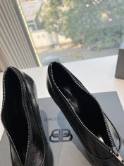 ZIPPER POINTED-TOE HIGH PUMPS IN BLACK WAX-OIL SHEEPSKIN