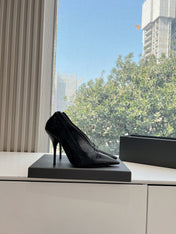 ZIPPER POINTED-TOE HIGH PUMPS IN BLACK WAX-OIL SHEEPSKIN