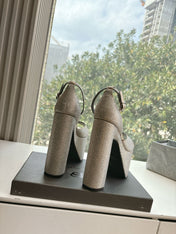 PLATFORM ANKLE STRAP HEELS IN BEIGE METALLIC ATTACHED RHINESTONES CALFSKIN