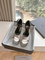 PLATFORM ANKLE STRAP HEELS IN BEIGE METALLIC ATTACHED RHINESTONES CALFSKIN