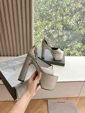 PLATFORM ANKLE STRAP HEELS IN BEIGE METALLIC ATTACHED RHINESTONES CALFSKIN