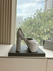PLATFORM ANKLE STRAP HEELS IN SILVER METALLIC ATTACHED RHINESTONES CALFSKIN