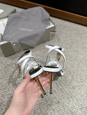 PADLOCK POINTY NAKED SANDAL 85 MM IN WHITE CALFSKIN