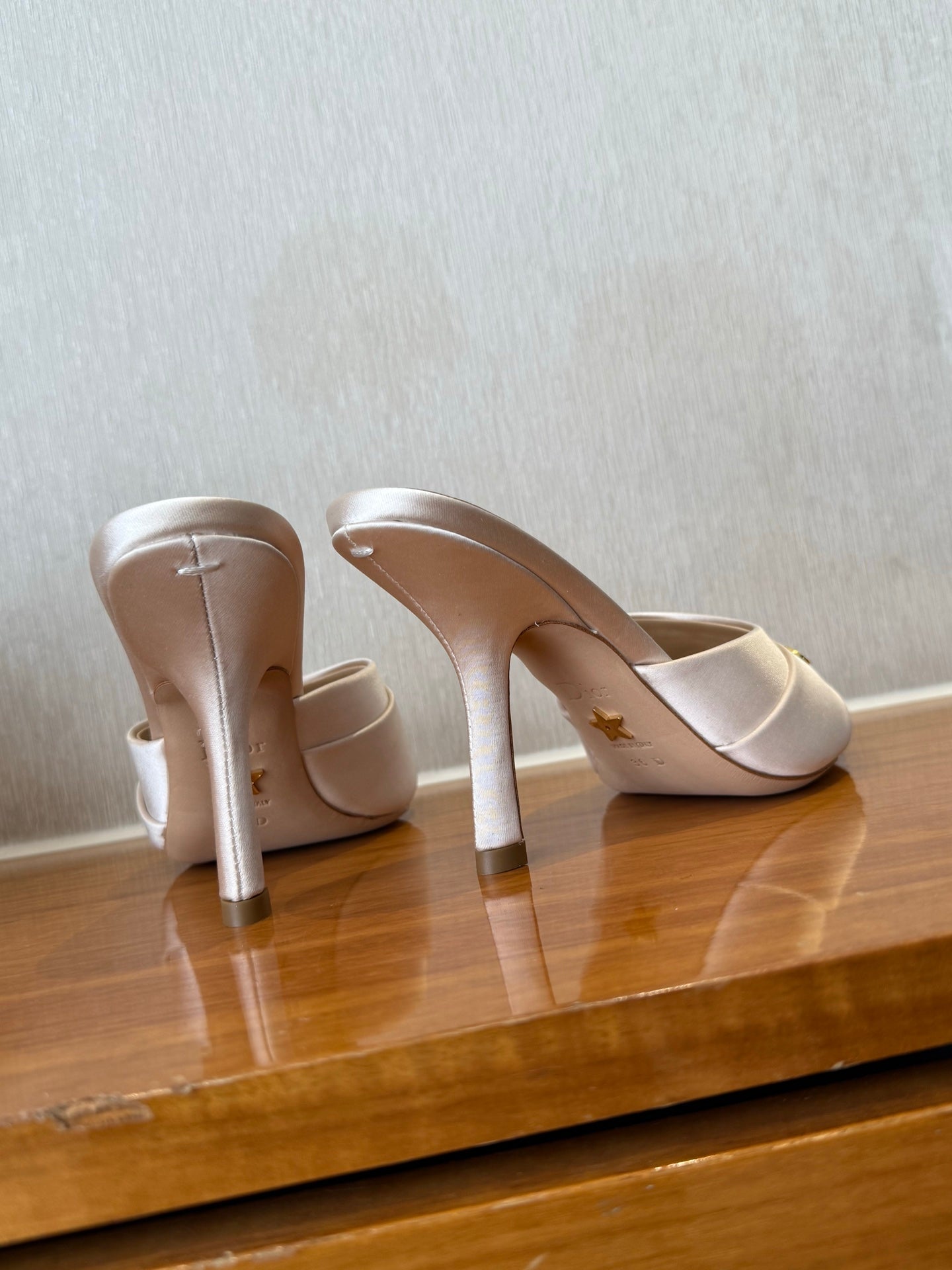 PEEP TOE SANDAL 25S HEELS 10CM IN PALE PINK BEIGE SATIN
