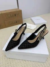 DIOR HIGH SLINGBACK 65 MM 25S IN BLACK FABRIC AND BRAND NAME EMBROIDERY
