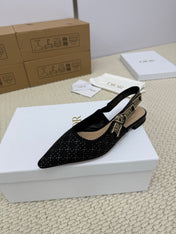 DIOR FLAT SLINGBACK 25S IN BLACK FABRIC AND BRAND NAME EMBROIDERY