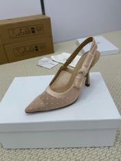DIOR HIGH SLINGBACK 100 MM 25S IN NUDE LACE NET FABRIC AND SUEDE